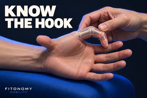 Duas mãos ilustram um dedo em gancho assistido com a articulação da base reta e o texto KNOW THE HOOK.