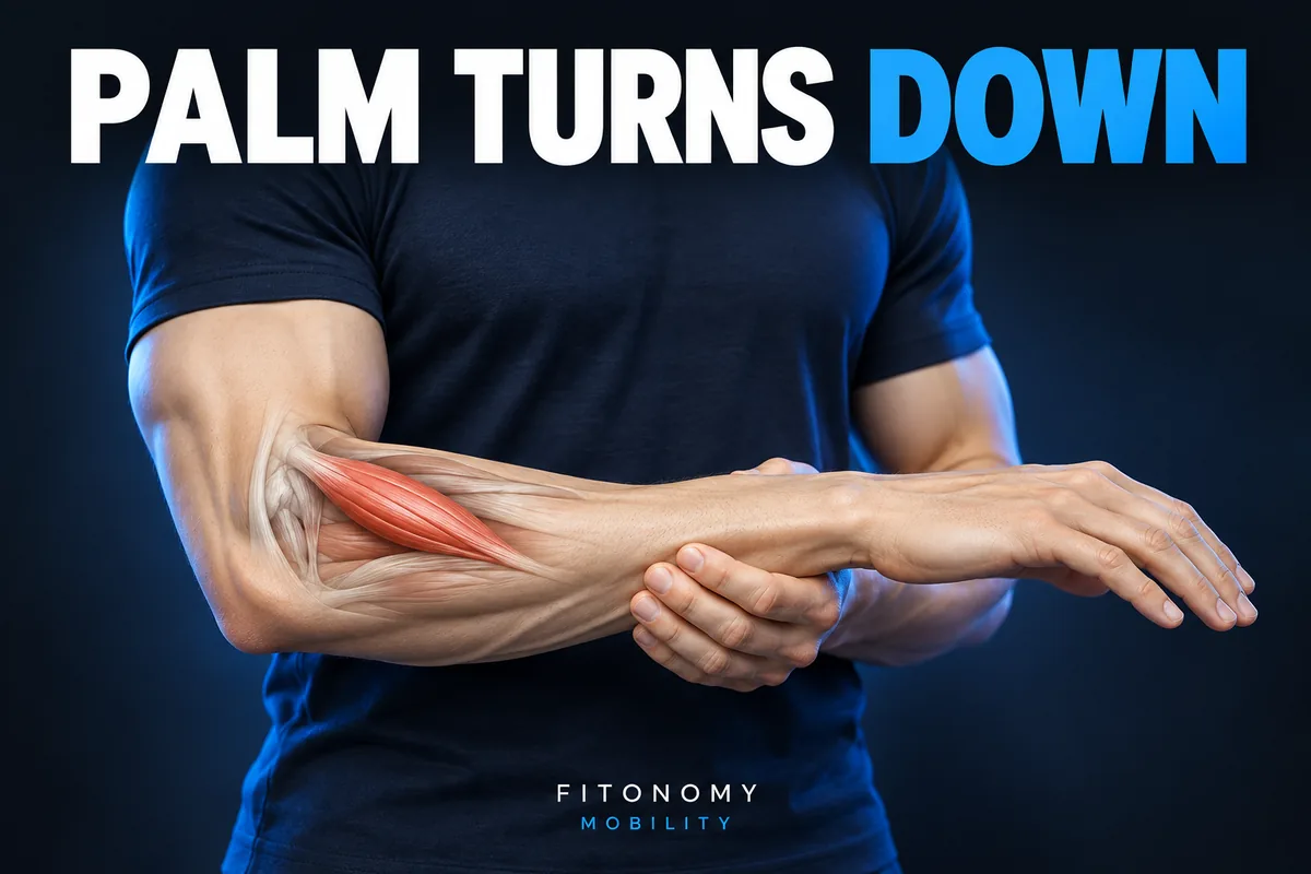 Antebraço marfim com cotovelo dobrado, apoio suave da outra mão e detalhe muscular coral, palma para baixo, com PALM TURNS DOWN.