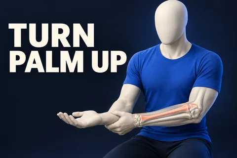 Figura marfim sem rosto com antebraço e palma para cima, outra mão perto do punho e dois ossos visíveis, com TURN PALM UP.