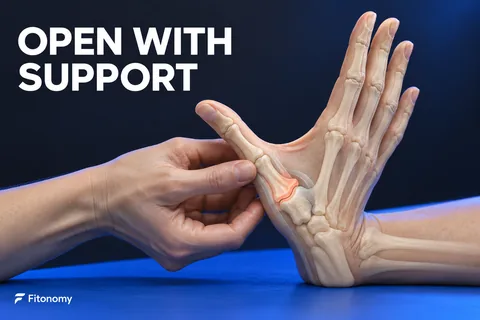 Mano avorio sostenuta con l’altra mano vicino alla base del pollice, anatomia articolare visibile e OPEN WITH SUPPORT