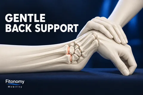 Mani color avorio sostengono delicatamente il dorso di una mano flessa, con vista ossea e testo GENTLE BACK SUPPORT.