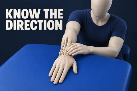 Figura sem rosto com mão esquerda apoiada de palma para baixo e ajuda da outra mão no punho, com KNOW THE DIRECTION.