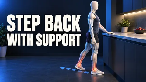 Una figura senza volto arretra accanto a un piano con anatomia delle caviglie sotto il testo STEP BACK WITH SUPPORT.