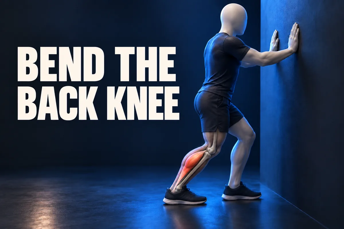 Een gezichtsloos figuur buigt de achterste knie bij een muur naast de woorden BEND THE BACK KNEE.