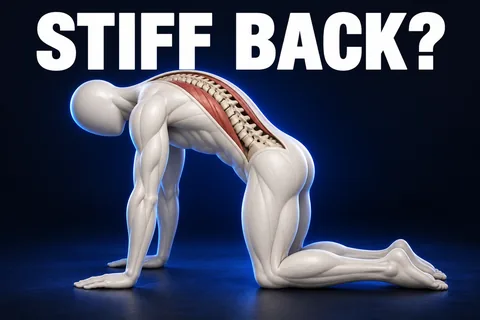 Figura anatomica color avorio senza volto nella posizione arrotondata del gatto, con colonna in sezione e muscoli corallo accanto alle vertebre, più il testo STIFF BACK?