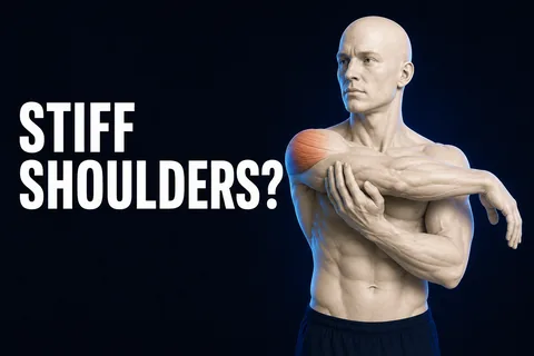 Uma figura 3D em marfim faz um alongamento com o braço cruzado, com o músculo do ombro em coral e o texto em inglês STIFF SHOULDERS?