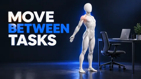 Figura senza volto accanto a una scrivania con spalle evidenziate e la scritta MOVE BETWEEN TASKS.