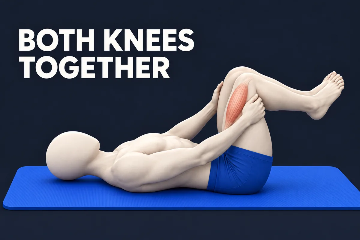 Figura marfim sem rosto deitada em colchonete cobalto com os dois joelhos em direção ao tronco, músculo da coxa coral e texto BOTH KNEES TOGETHER.