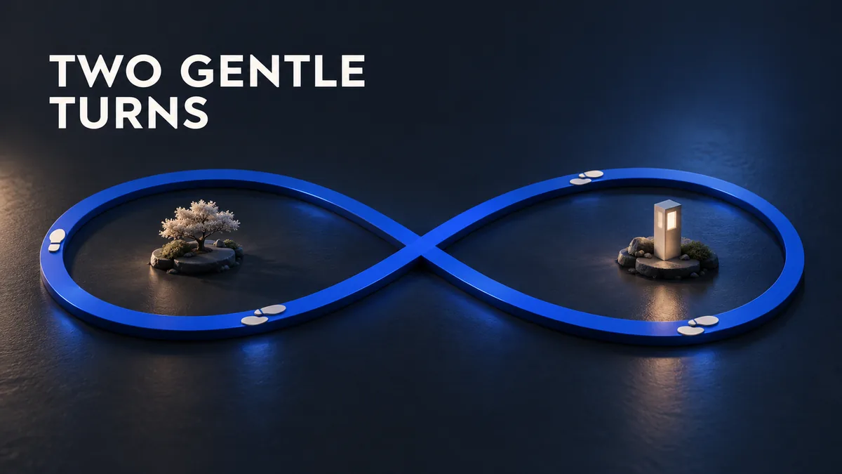 Driedimensionaal model van een looproute in een acht met ivoorkleurige schoenafdrukken en TWO GENTLE TURNS.