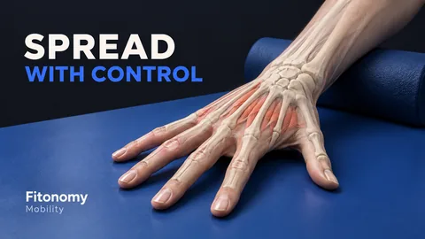 Anatomische Hand mit fünf gespreizten Fingern, sichtbaren Knochen und korallfarbenen Muskeln auf blauem Tisch, mit SPREAD WITH CONTROL.