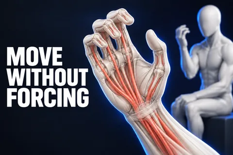 Una grande mano color avorio con tendini flessori corallo e una figura seduta senza volto accanto a MOVE WITHOUT FORCING.