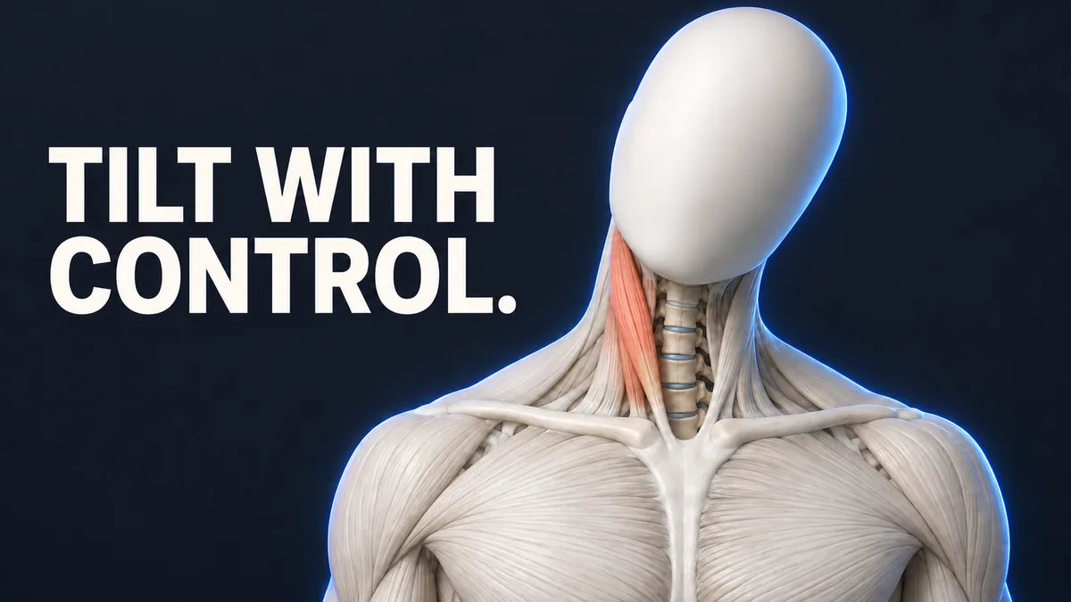 Een glad ivoorkleurig anatomisch hoofd helt zacht boven gelijke schouders, met halswervels, koraalkleurige spier en TILT WITH CONTROL.