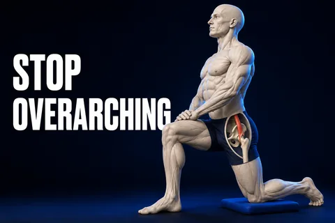 Uma figura 3D em marfim faz um alongamento de quadril com um joelho apoiado, um corte anatômico do quadril e o texto em inglês STOP OVERARCHING.