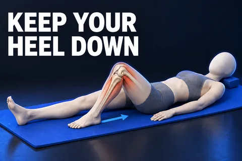 Figura anatomica 3D senza volto fa scivolare il tallone appoggiato su un tappetino blu accanto a KEEP YOUR HEEL DOWN.