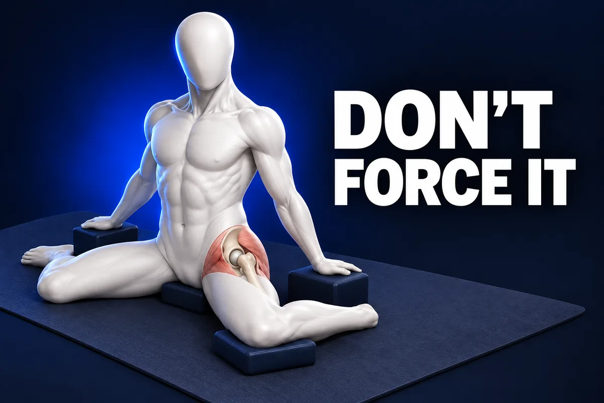 Gezichtsloze anatomische 3D figuur in ivoor met gesteunde heuprotatie op de vloer, zichtbaar heupgewricht, koraalrode spieren en DON’T FORCE IT