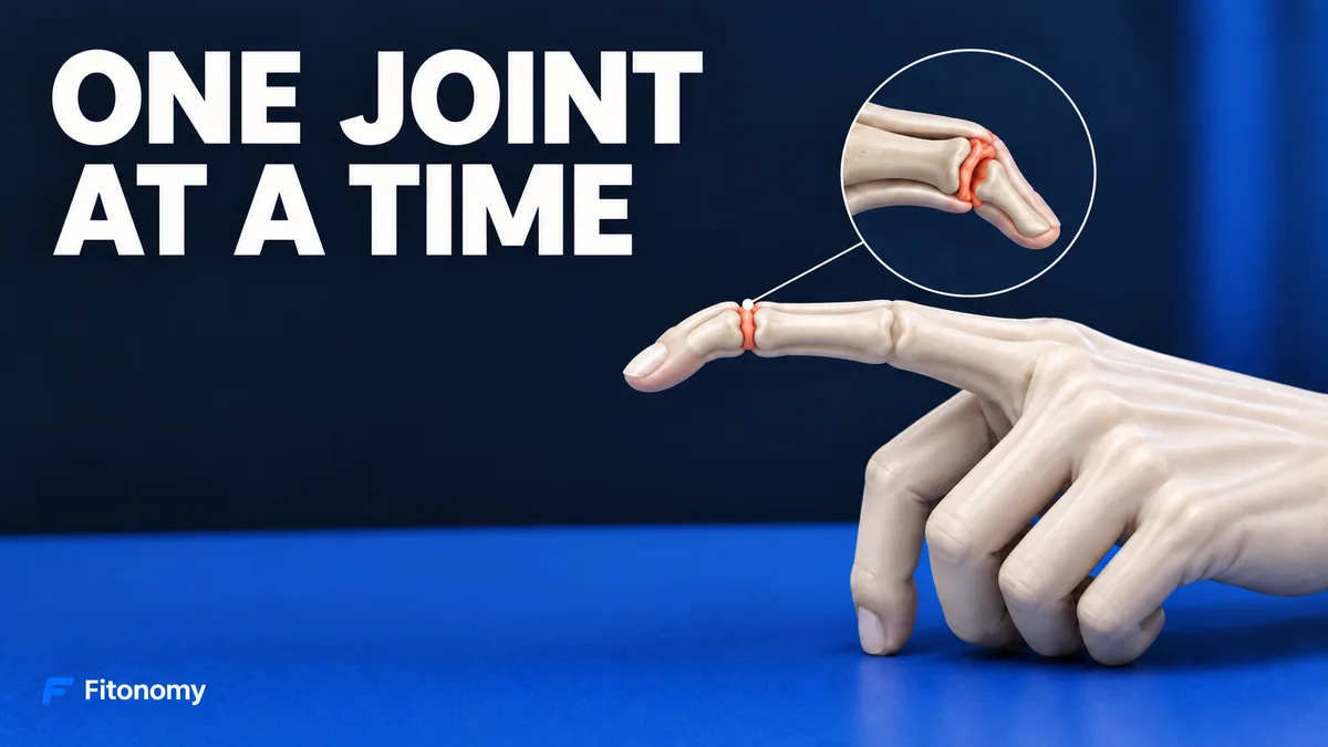 Een ivoorkleurige hand met gebogen vingertop en een klein beeld van de botten van het laatste gewricht met de tekst ONE JOINT AT A TIME.