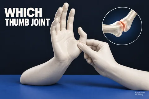 Mãos em tom marfim mostram apoio perto da base do polegar e um detalhe da articulação do meio, com WHICH THUMB JOINT.