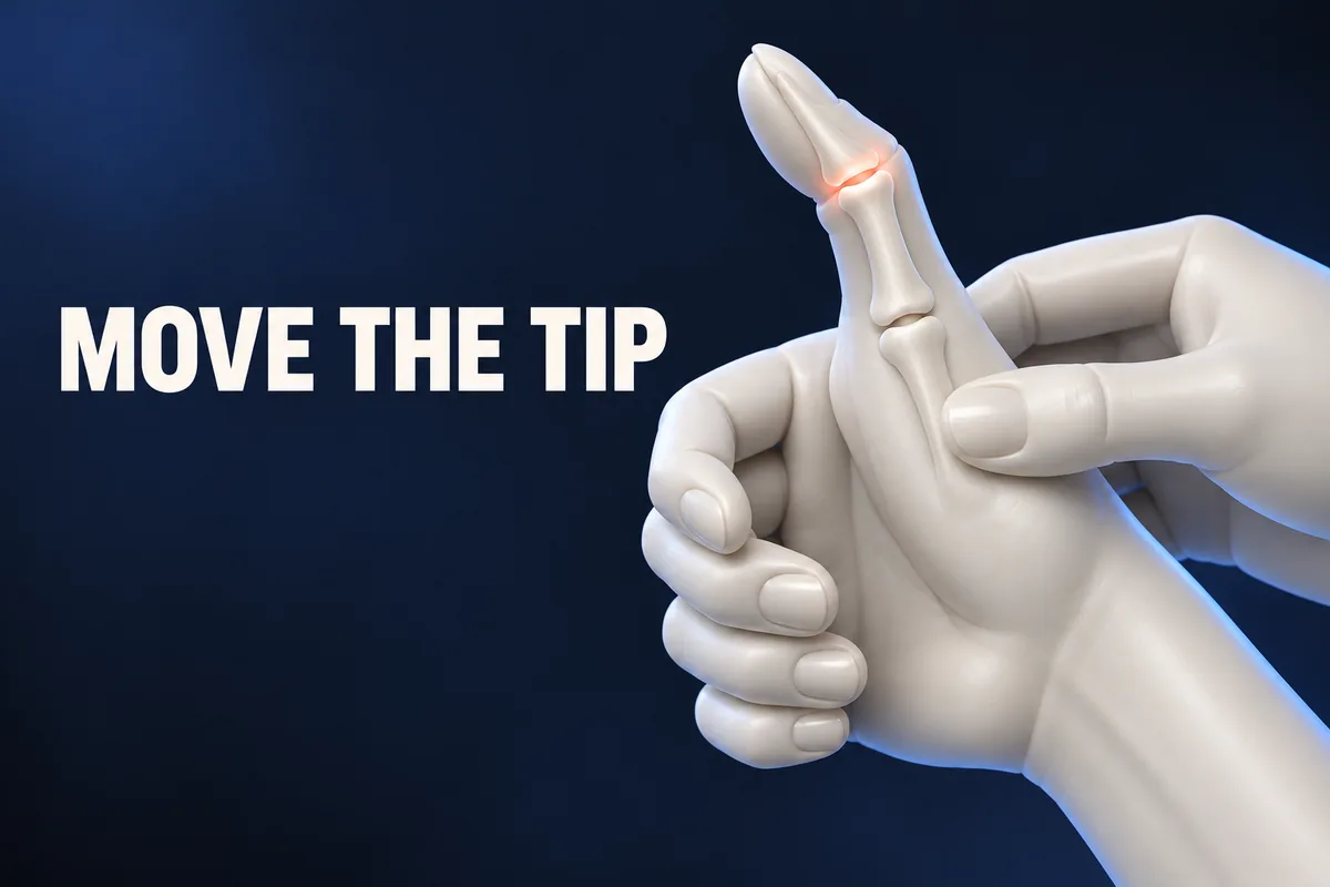 Mani avorio sostengono il pollice sotto l’articolazione finale e le ossa evidenziate, con MOVE THE TIP.