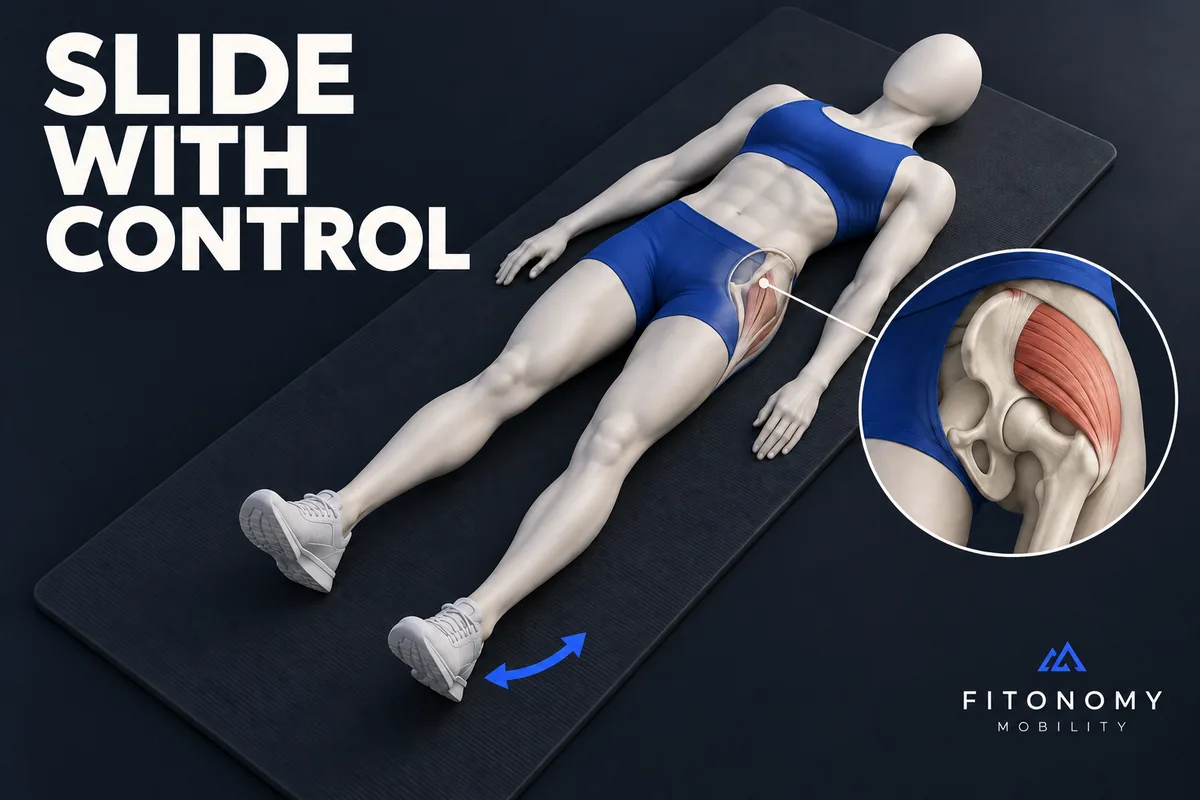 Gezichtsloze figuur op een mat met uitgelichte heupanatomie en de tekst SLIDE WITH CONTROL.