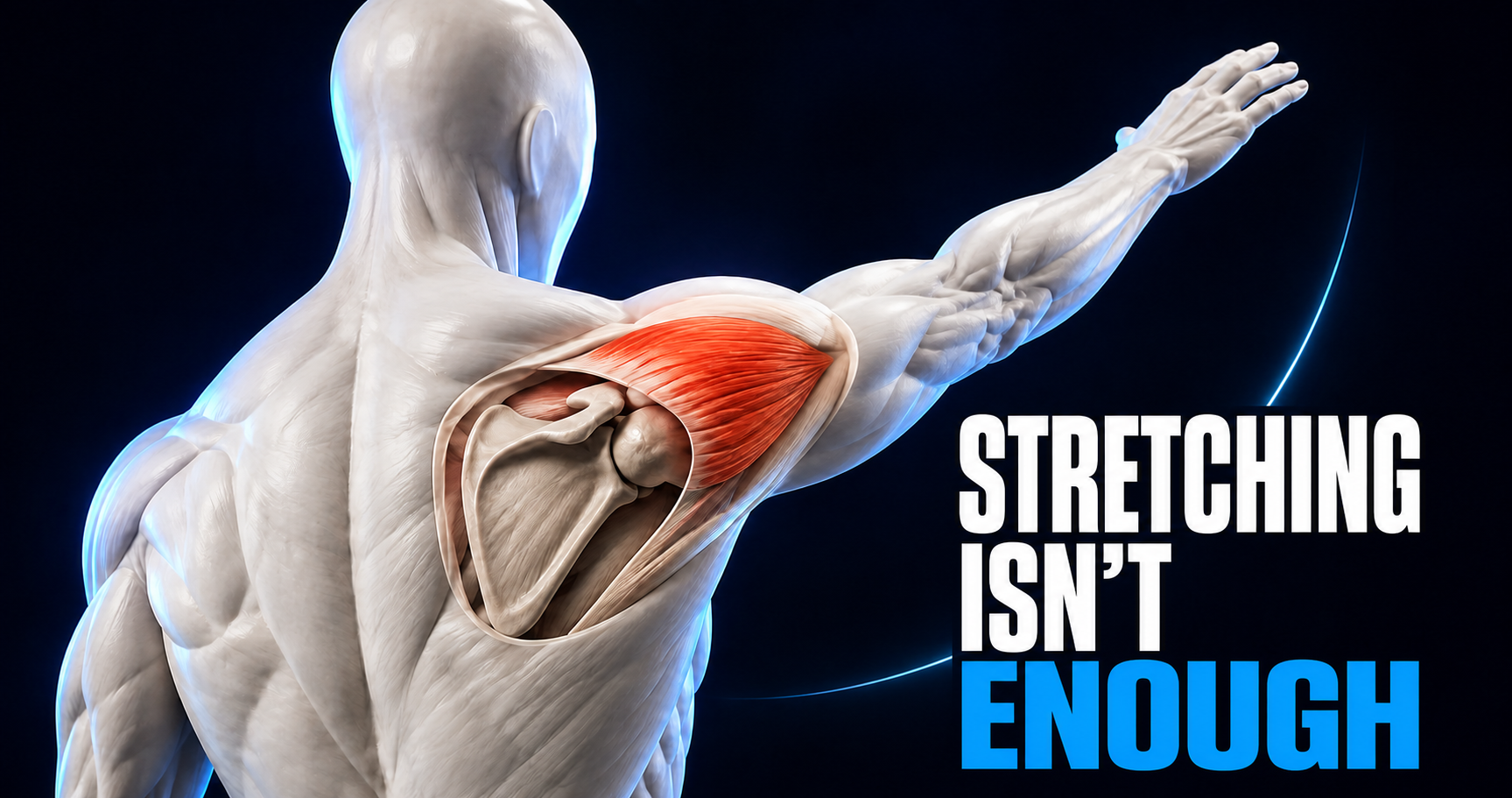 3D anatomical figure raising an arm, with the shoulder joint visible and shoulder muscle highlighted in red. Text: "STRETCHING ISN’T ENOUGH".