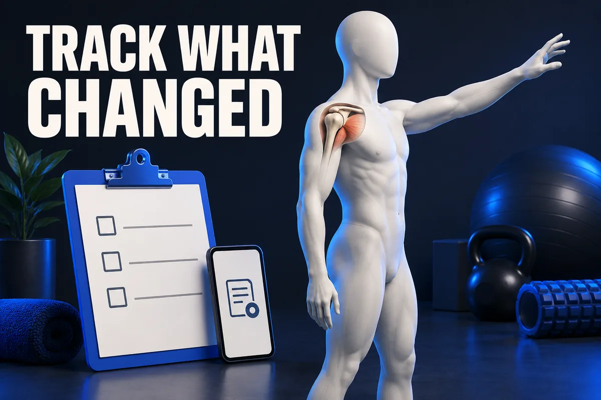 Een gezichtsloze ivoren figuur reikt met één arm naast een dagboek en telefoon, met schouderanatomie en de Engelse tekst TRACK WHAT CHANGED.