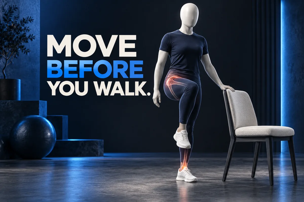 Gezichtsloze figuur stapt klein bij een stevige steun met heup en enkel gemarkeerd. MOVE BEFORE YOU WALK.