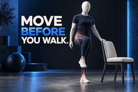 Gesichtslose Person macht einen kleinen gestützten Marsch mit markierter Hüfte und Sprunggelenk. MOVE BEFORE YOU WALK.