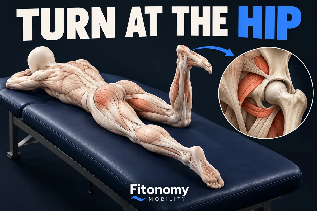 Figura anatómica sem rosto de barriga para baixo com um joelho dobrado e detalhe da anca, com TURN AT THE HIP.