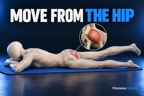 Figura sem rosto elevando uma perna estendida de barriga para baixo com detalhe muscular da anca e MOVE FROM THE HIP