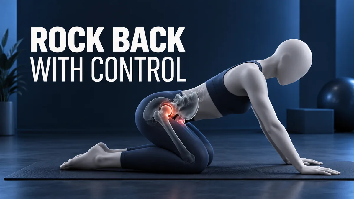 Gezichtsloze figuur op handen en knieën met gemarkeerde heupgewrichten. ROCK BACK WITH CONTROL.
