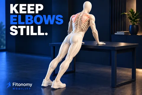Figura anatômica sem rosto apoiada em mesa, braços retos, escápulas destacadas e texto KEEP ELBOWS STILL