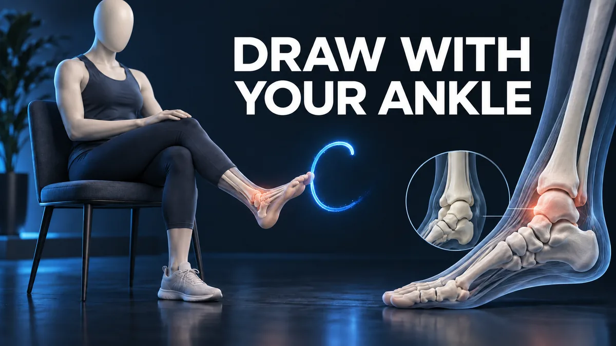 Gezichtsloze zittende persoon tekent een letter met de voet naast enkelanatomie en de Engelse woorden DRAW WITH YOUR ANKLE.