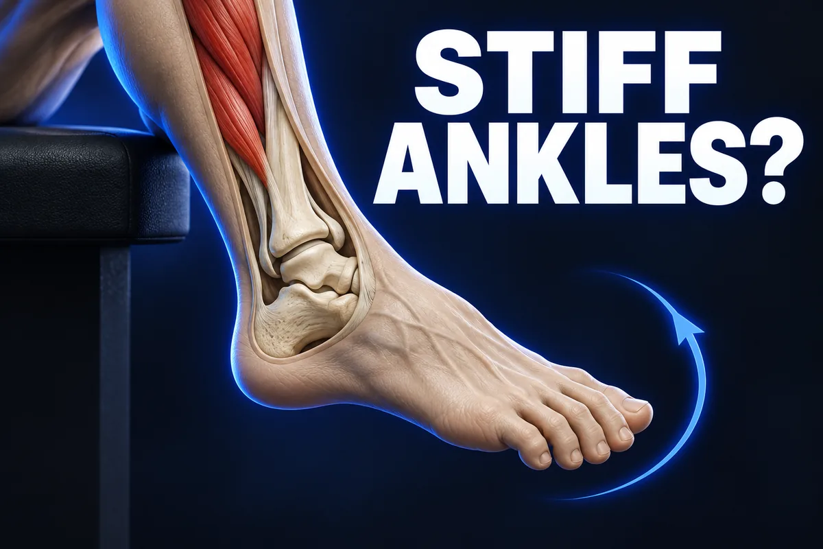 Anatomisch onderbeen en voet in ivoor met een doorsnede van de enkel, een blauwe gebogen pijl en de tekst STIFF ANKLES?