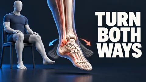 TURN BOTH WAYS. Eine sitzende anatomische Figur mit glattem Kopf ohne Gesichtszüge begleitet ein hervorgehobenes Sprunggelenk und zwei kurze Pfeile für die Bewegungen nach innen und außen.