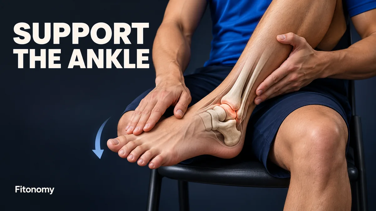 Pé apoiado com mão por cima e ossos locais do tornozelo destacados ao lado de SUPPORT THE ANKLE.