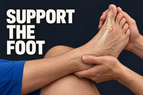 Pé apoiado com contacto suave na base dos dedos e vista dos ossos do dedo grande junto de SUPPORT THE FOOT.
