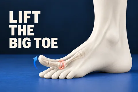 Piede anatomico color avorio con alluce sollevato, quattro dita appoggiate e LIFT THE BIG TOE