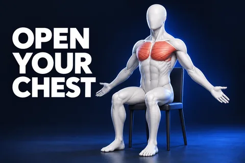 Figura anatomica 3D senza volto seduta con braccia aperte e pettorali color corallo, con il testo inglese OPEN YOUR CHEST.
