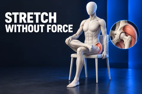 STRETCH WITHOUT FORCE. Eine gesichtslose anatomische Figur sitzt mit einem Knöchel auf dem anderen Oberschenkel neben einer markierten Hüfte.