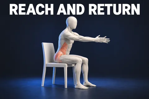 Figura anatomica avorio senza volto che porta le mani avanti da una sedia stabile con REACH AND RETURN.