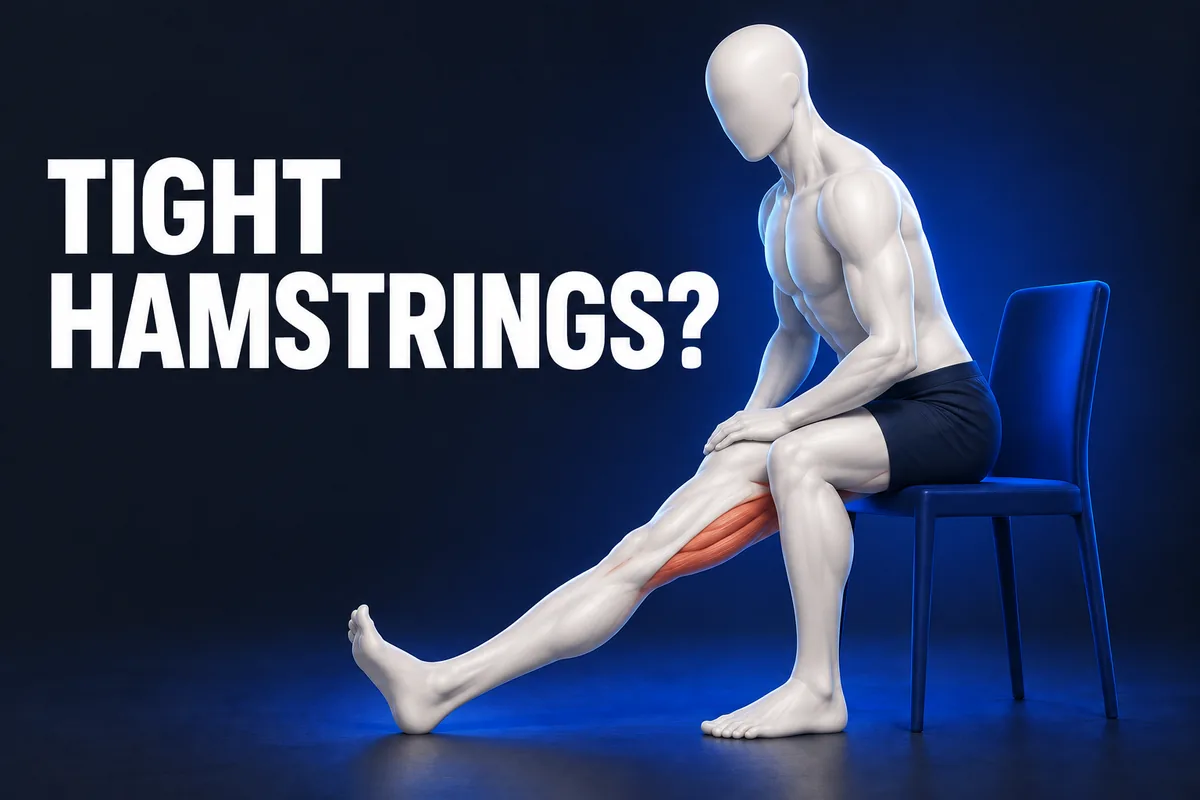 Gezichtsloze anatomische 3D figuur in ivoor rekt zittend een uitgestrekt been, met koraalkleurige hamstrings en de Engelse tekst TIGHT HAMSTRINGS?