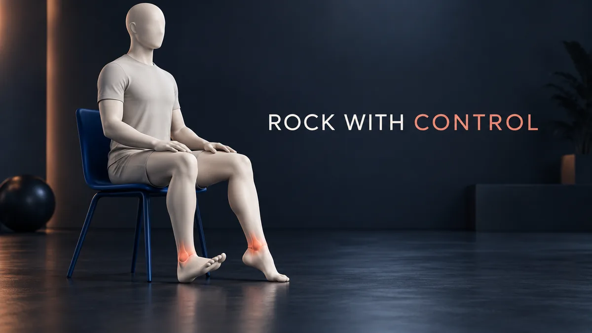 Een gezichtsloze zittende ivoorkleurige figuur toont de beweging naast de Engelse tekst ROCK WITH CONTROL.