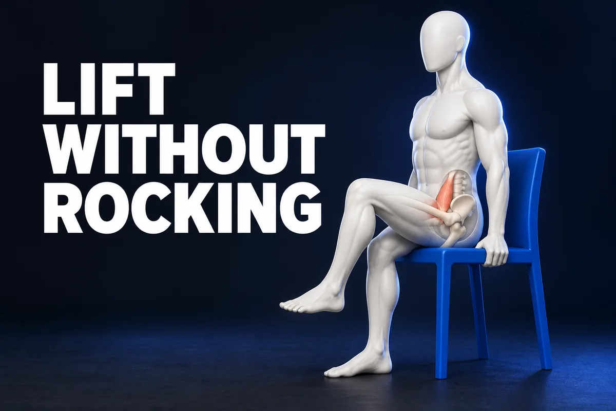 Een witte anatomische 3D figuur zonder gezicht heft zittend een gebogen knie, met een doorsnede van de heup en LIFT WITHOUT ROCKING.