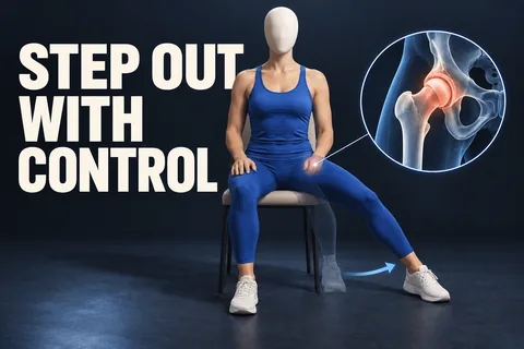Una figura seduta senza volto sposta un piede di lato con l'anca evidenziata accanto a STEP OUT WITH CONTROL.
