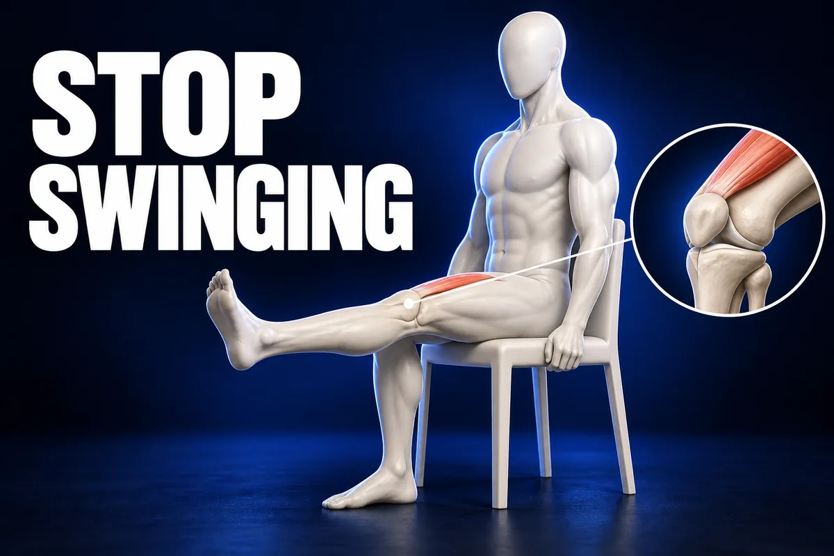 Een gezichtsloos driedimensionaal ivoren figuur strekt een knie vanuit een stabiele stoel naast een anatomisch detail en de woorden STOP SWINGING.