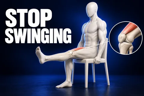 Figura tridimensionale color avorio senza volto distende un ginocchio da una sedia stabile vicino a un dettaglio anatomico e alle parole STOP SWINGING.