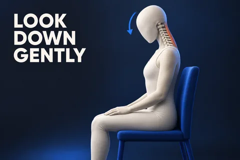 Una figura avorio senza volto guarda delicatamente in basso su una sedia cobalto, con vertebre cervicali, muscolo corallo e LOOK DOWN GENTLY.