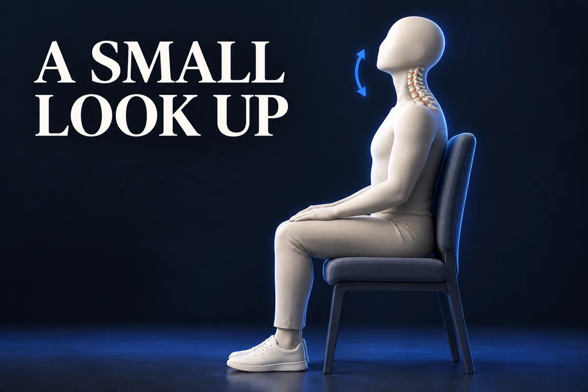 无面部特征的坐姿人物、颈椎与小幅向上提示，文字为 A SMALL LOOK UP。