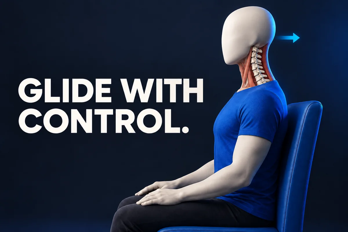 Zittende figuur zonder gezicht met nekanatomie en de tekst GLIDE WITH CONTROL.