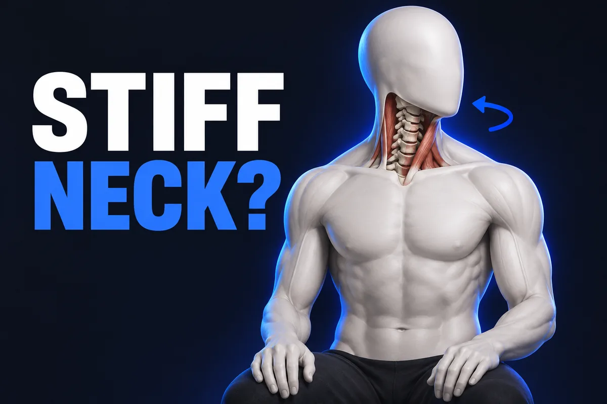 Anatomische ivoren figuur zonder gelaatstrekken met gedraaid hoofd, een doorsnede van de halswervels, benadrukte nekspieren en de tekst STIFF NECK?
